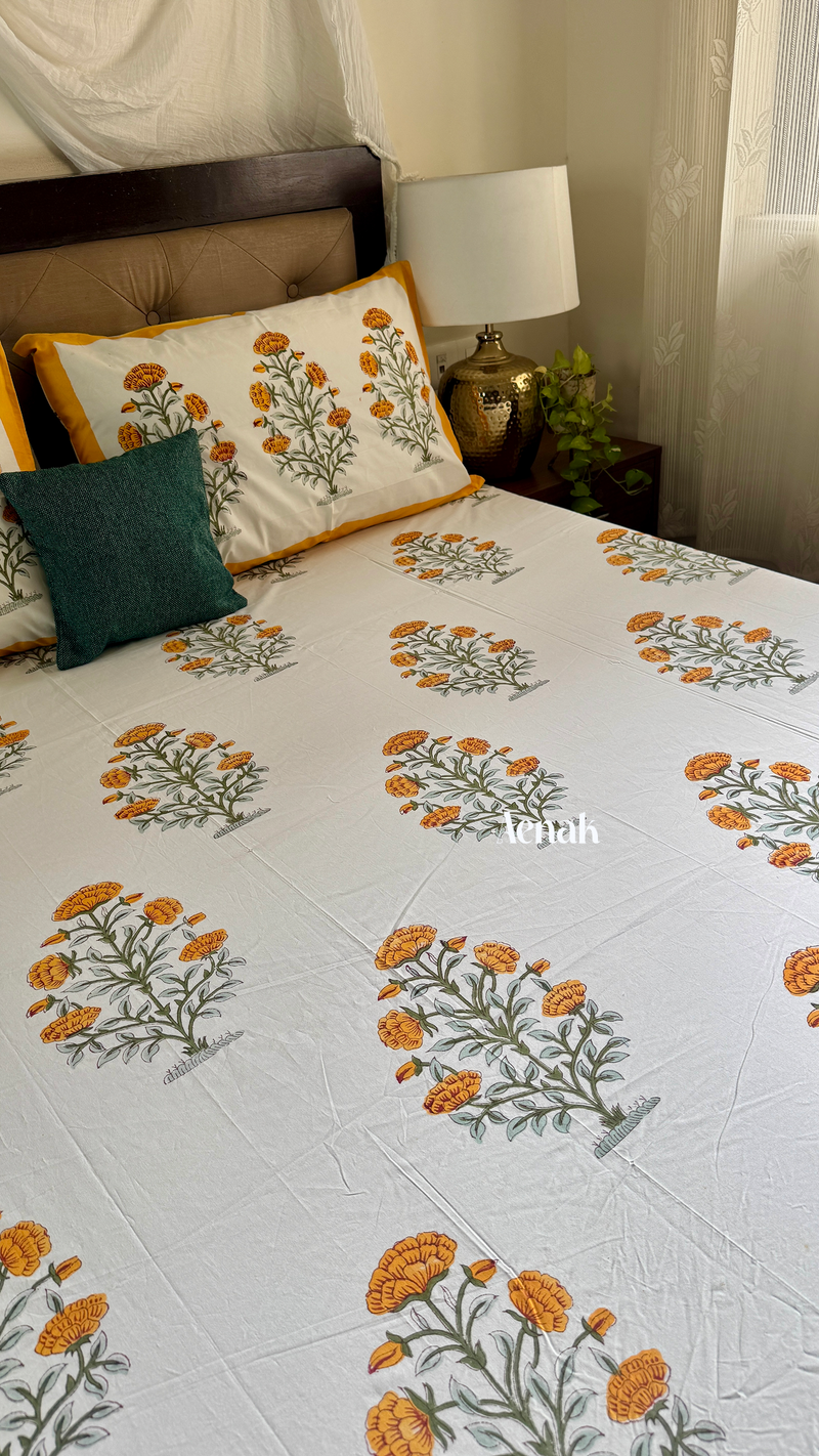 aenak-turmeric-yellow-marigold-handblock-printed-premium-cotton-fitted-bedsheet-set