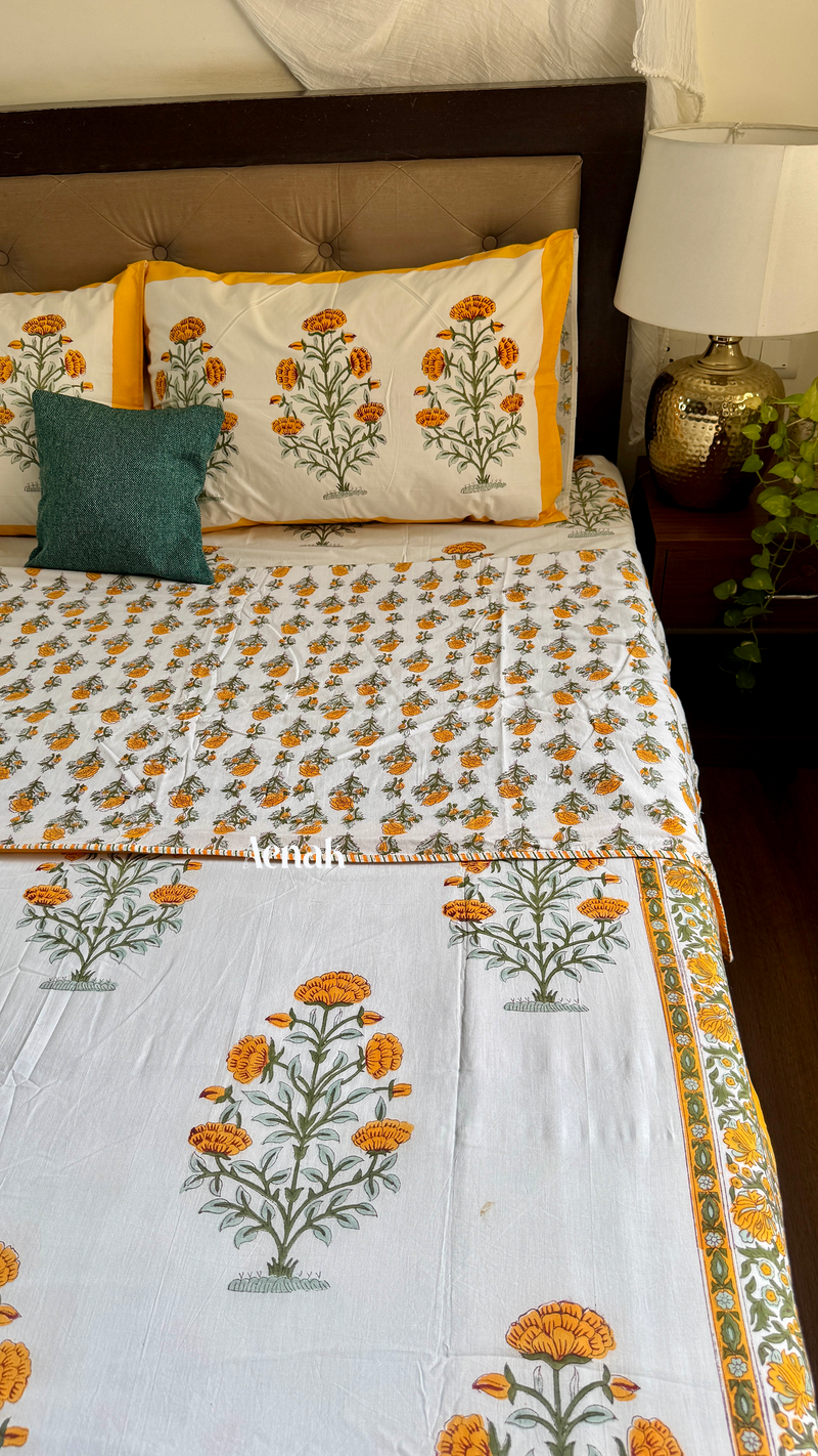 aenak-turmeric-yellow-marigold-handblock-bedsheet-dohar-combo-set