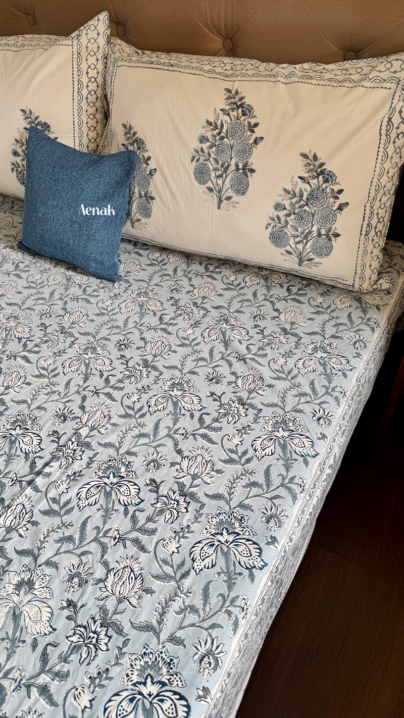 aenak-blue-phool-boota-handblock-premium-cotton-fitted-bedsheet-set