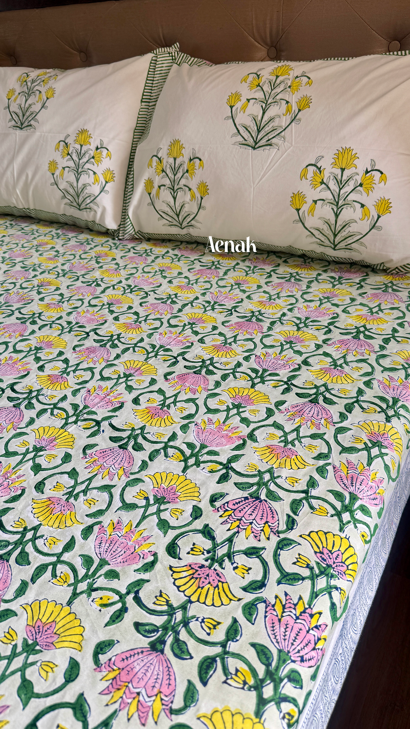 aenak-pink-yellow-lotus-handblock-printed-premium-cotton-fitted-bedsheet-set