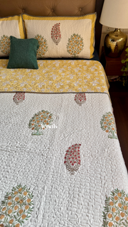 aenak-yellow-red-phool-boota-handblock-printed-reversible-quilted-bedcover-set-105x108