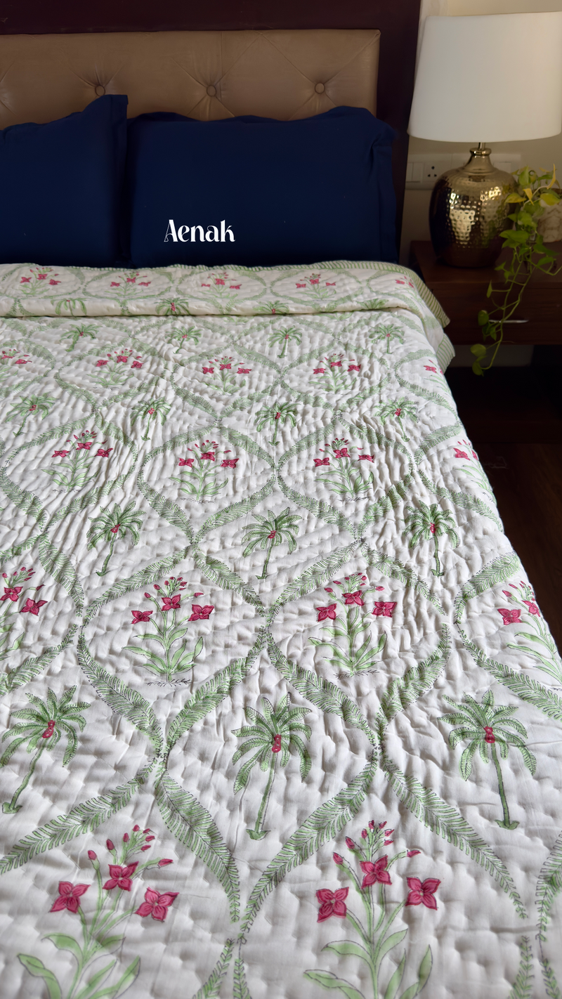 aenak-green-palm-tree-handblock-bedsheet-quilt-combo-set