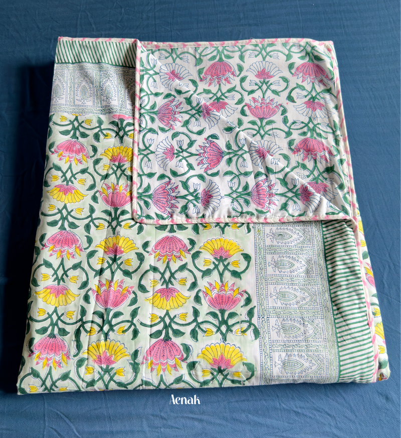 aenak-pink-yellow-lotus-handblock-bedsheet-dohar-combo-set