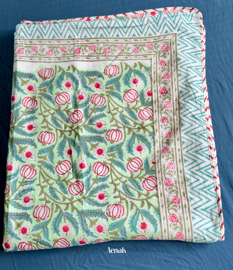 aenak-green-lotus-handblock-printed-mulmul-cotton-reversible-dohar