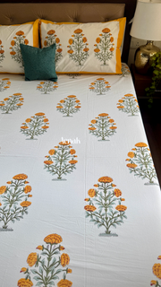 aenak-turmeric-yellow-marigold-handblock-printed-premium-cotton-fitted-bedsheet-set
