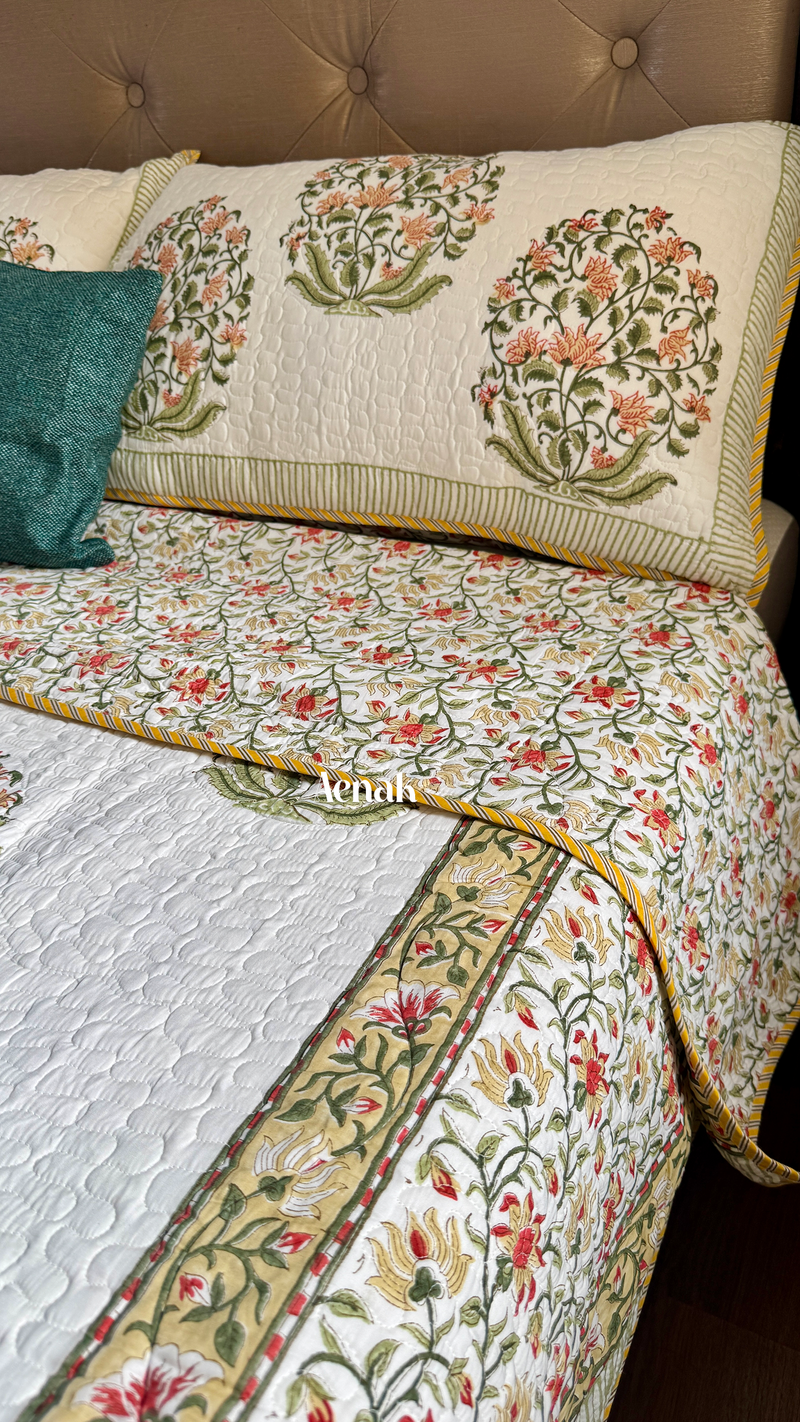 aenak-yellow-phool-boota-handblock-printed-reversible-quilted-bedcover-set