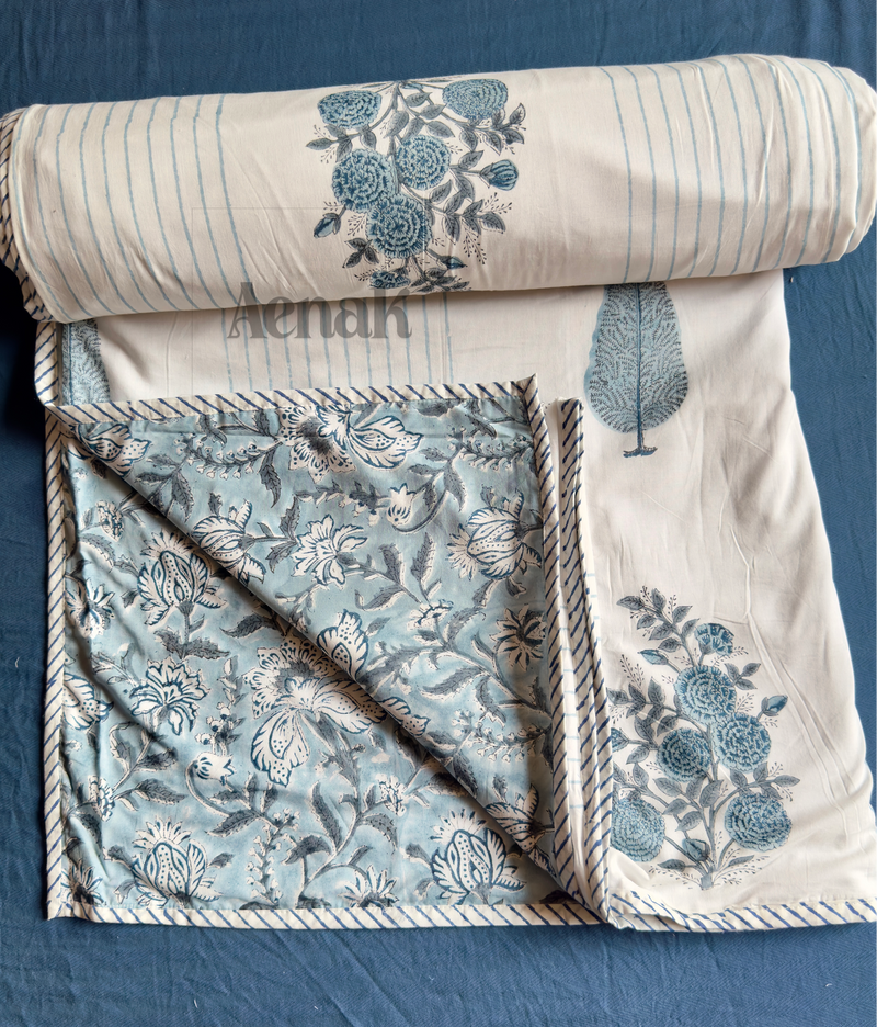 aenak-blue-phool-boota-handblock-bedsheet-dohar-combo-set