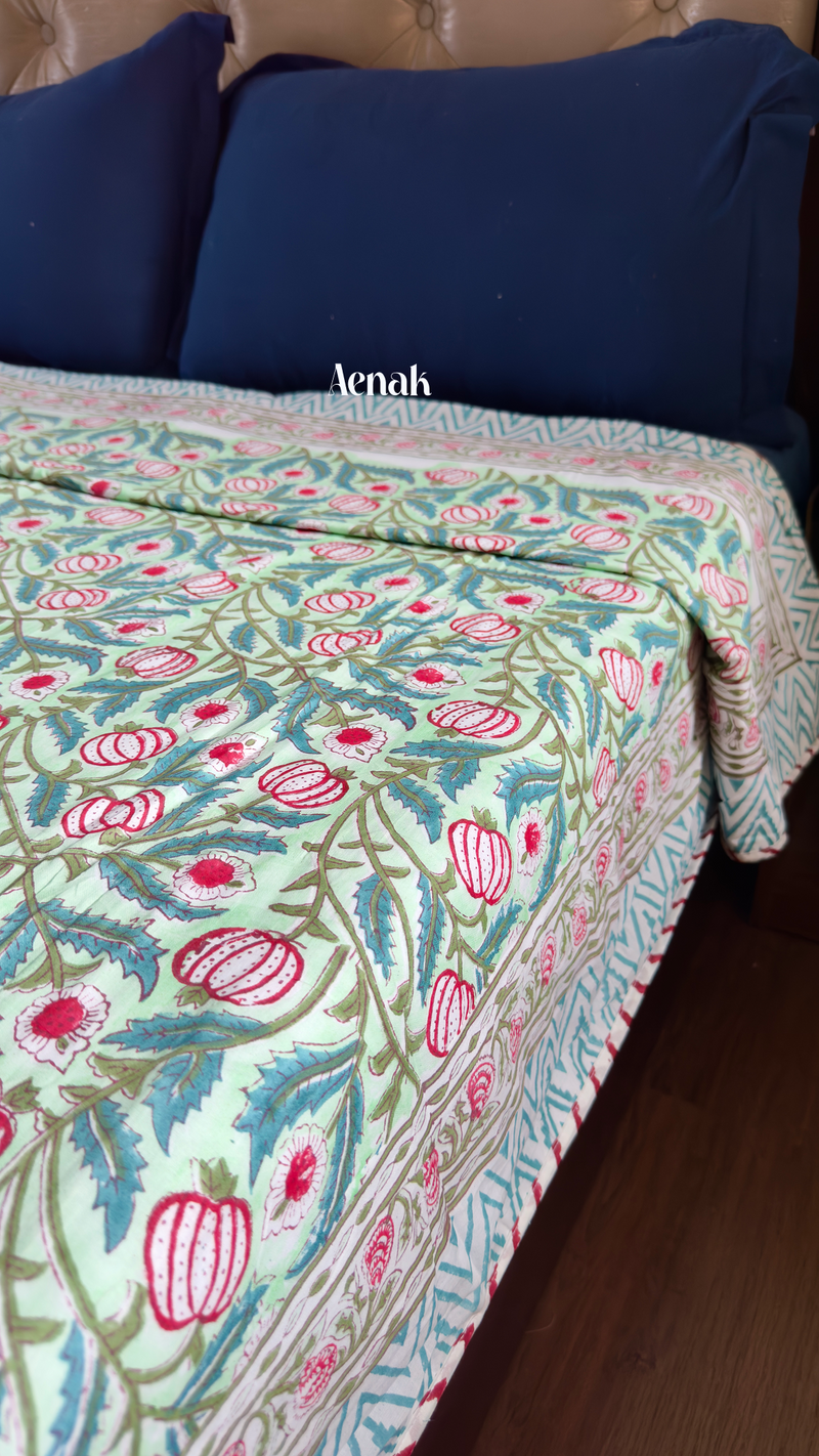 aenak-green-lotus-handblock-printed-mulmul-cotton-reversible-dohar