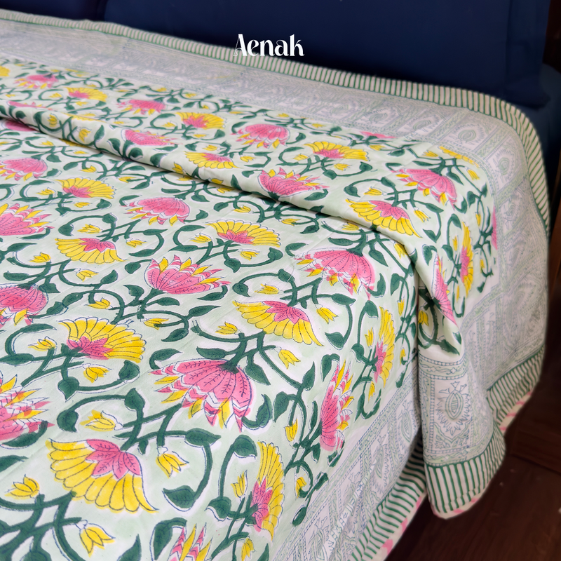 aenak-pink-yellow-lotus-handblock-printed-mulmul-cotton-reversible-dohar