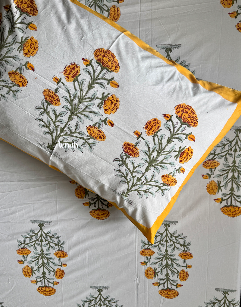 aenak-turmeric-yellow-marigold-handblock-printed-premium-cotton-set-bedsheet