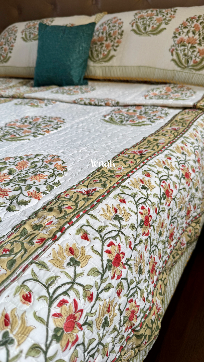 aenak-yellow-phool-boota-handblock-printed-reversible-quilted-bedcover-set