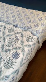 aenak-blue-lotus-handblock-printed-reversible-mulmul-cotton-quilt