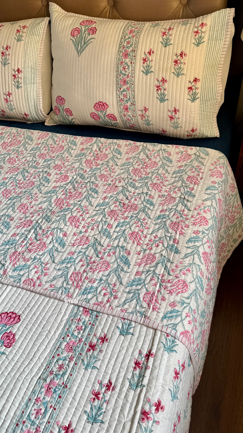 aenak-pink-sage-blue-floral-handblock-printed-reversible-straight-quilted-bedcover-set