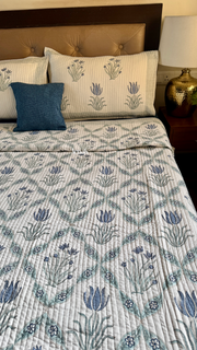 aenak-blue-lotus-handblock-bedsheet-straight-quilted-bedcover-combo-set