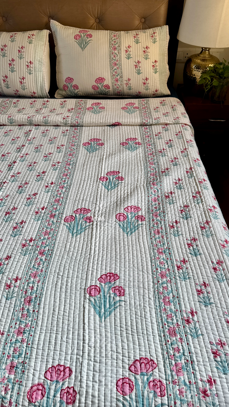 aenak-pink-sage-blue-floral-handblock-printed-reversible-straight-quilted-bedcover-set