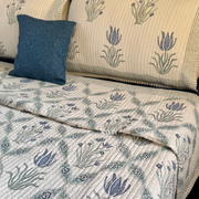 aenak-blue-lotus-handblock-bedsheet-straight-quilted-bedcover-combo-set