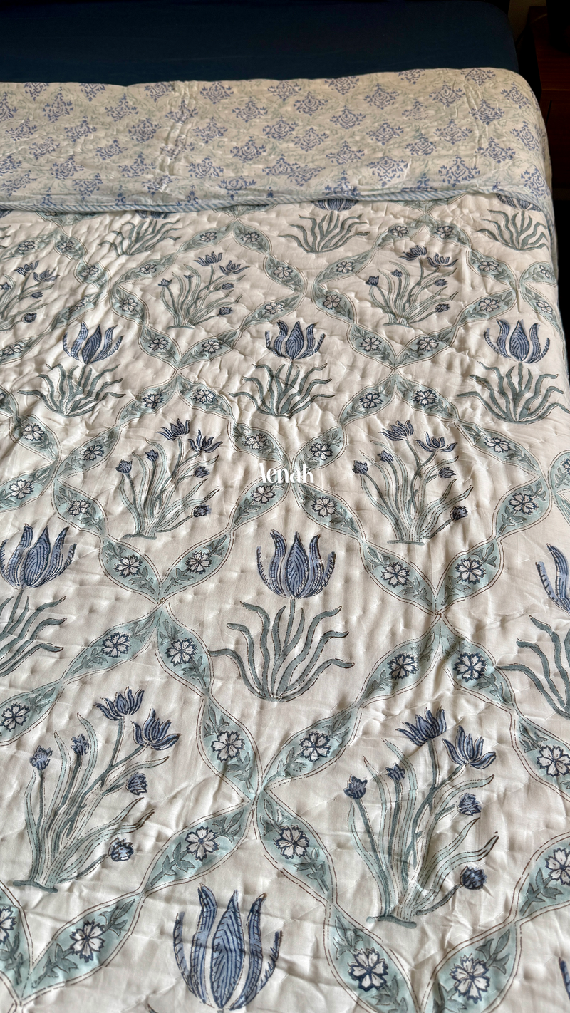 aenak-blue-lotus-handblock-printed-reversible-mulmul-cotton-quilt