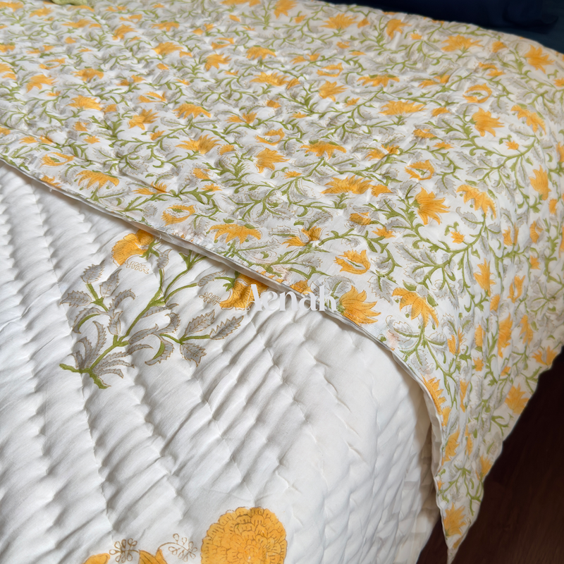 aenak-yellow-marigold-handblock-bedsheet-quilt-combo-set