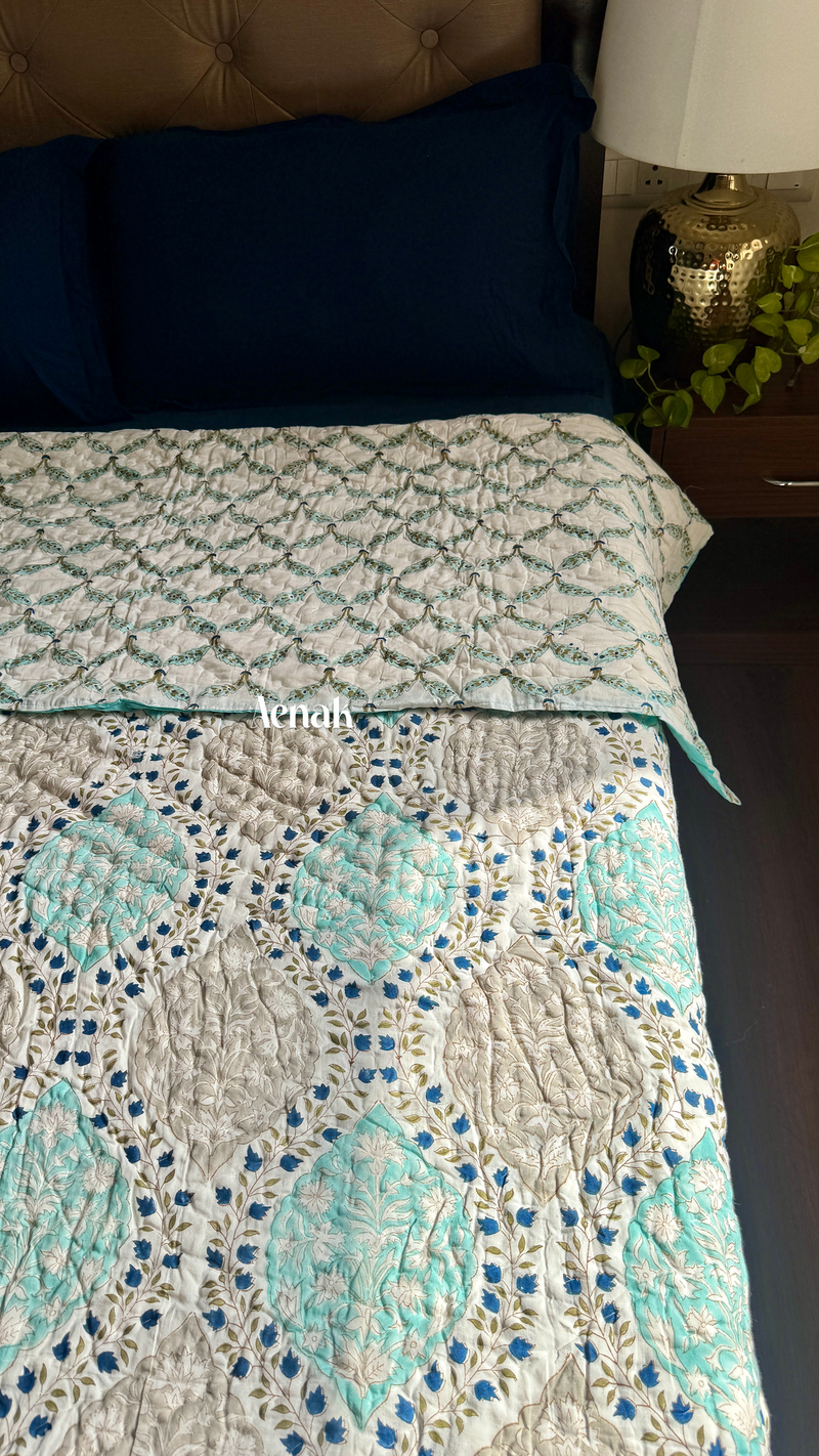 aenak-blue-jaal-handblock-bedsheet-quilt-combo-set