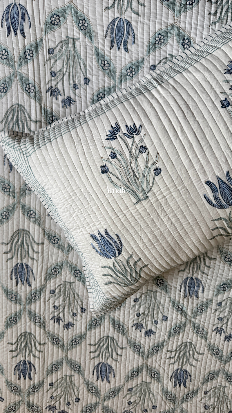 aenak-blue-lotus-handblock-bedsheet-straight-quilted-bedcover-combo-set