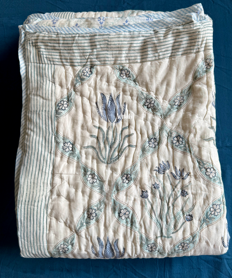 aenak-blue-lotus-handblock-printed-reversible-mulmul-cotton-quilt