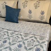 aenak-blue-lotus-handblock-bedsheet-straight-quilted-bedcover-combo-set
