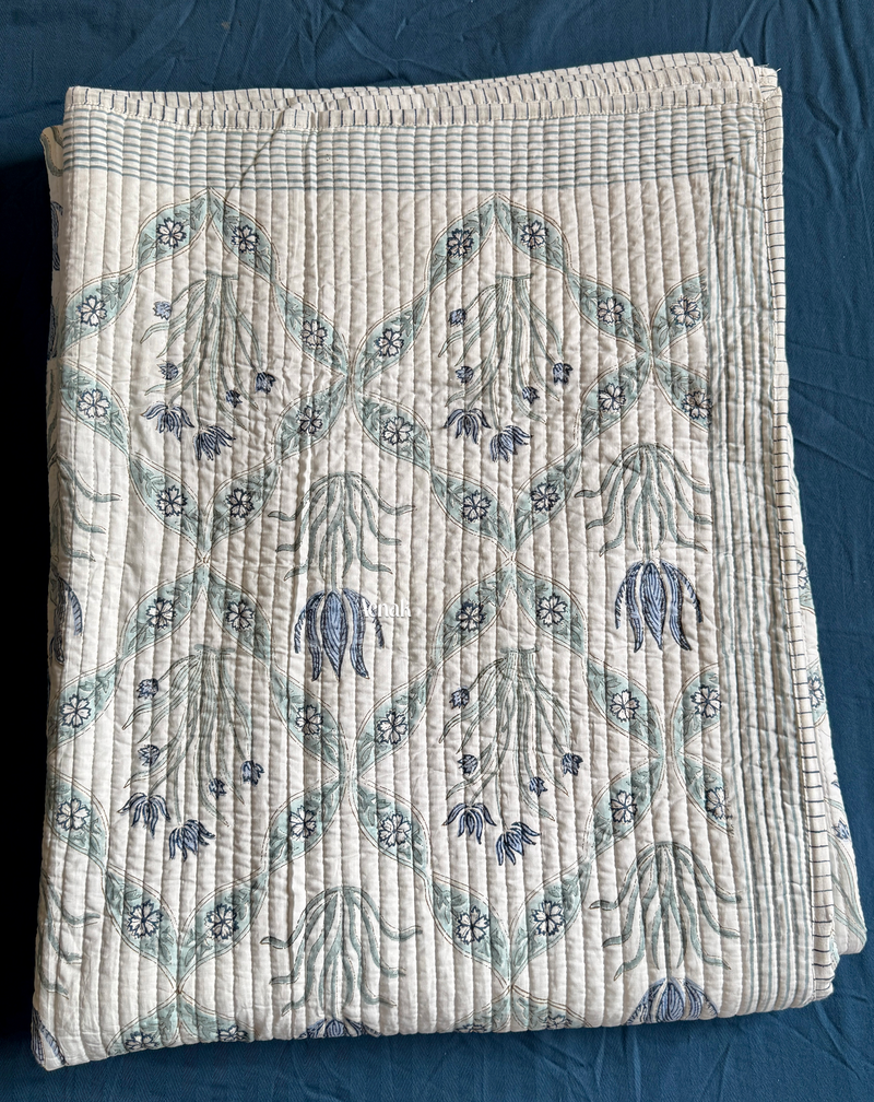 aenak-blue-lotus-handblock-bedsheet-straight-quilted-bedcover-combo-set