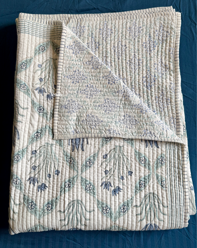 aenak-blue-lotus-handblock-printed-reversible-straight-quilted-bedcover-set