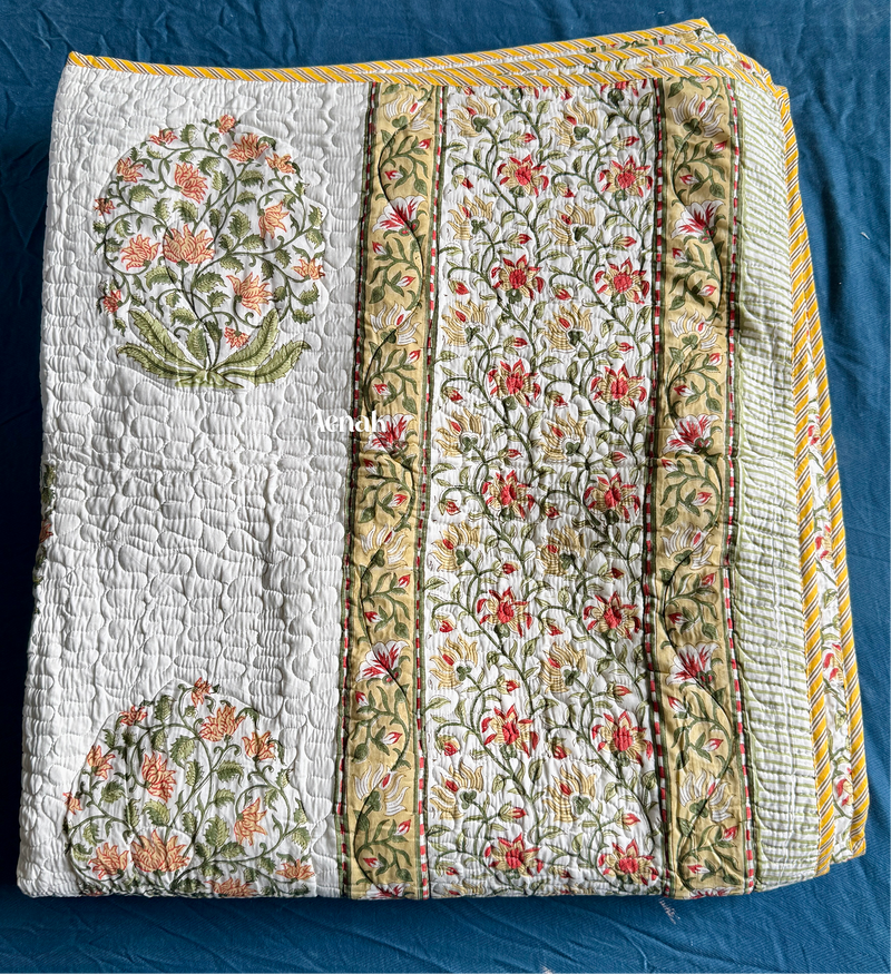 aenak-yellow-phool-boota-handblock-printed-reversible-quilted-bedcover-set
