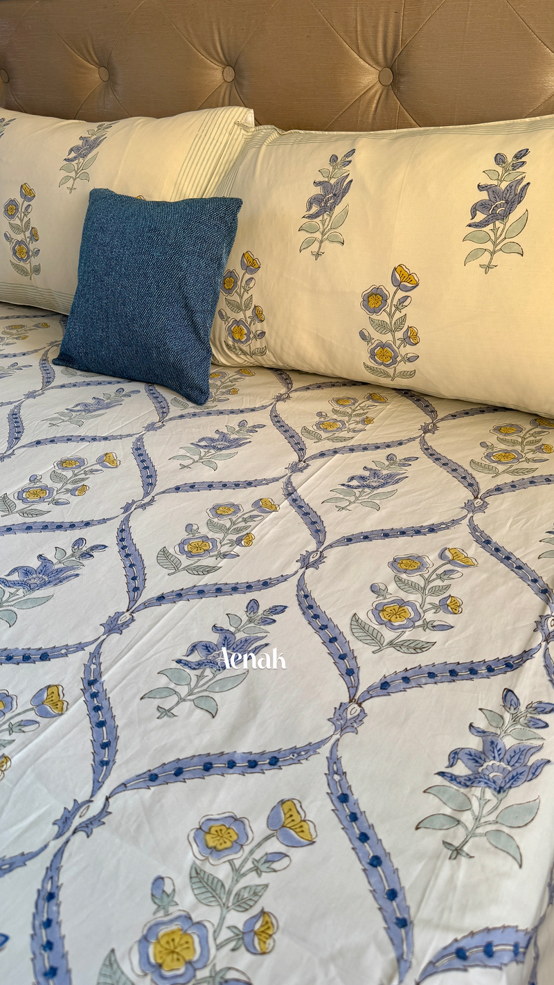 aenak-blue-periwinkle-jaal-handblock-bedsheet-dohar-combo-set-beige-base