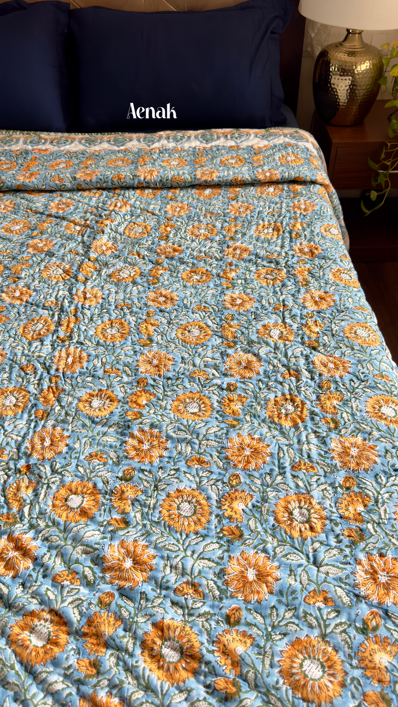 aenak-blue-yellow-floral-garden-handblock-printed-reversible-mulmul-cotton-quilt