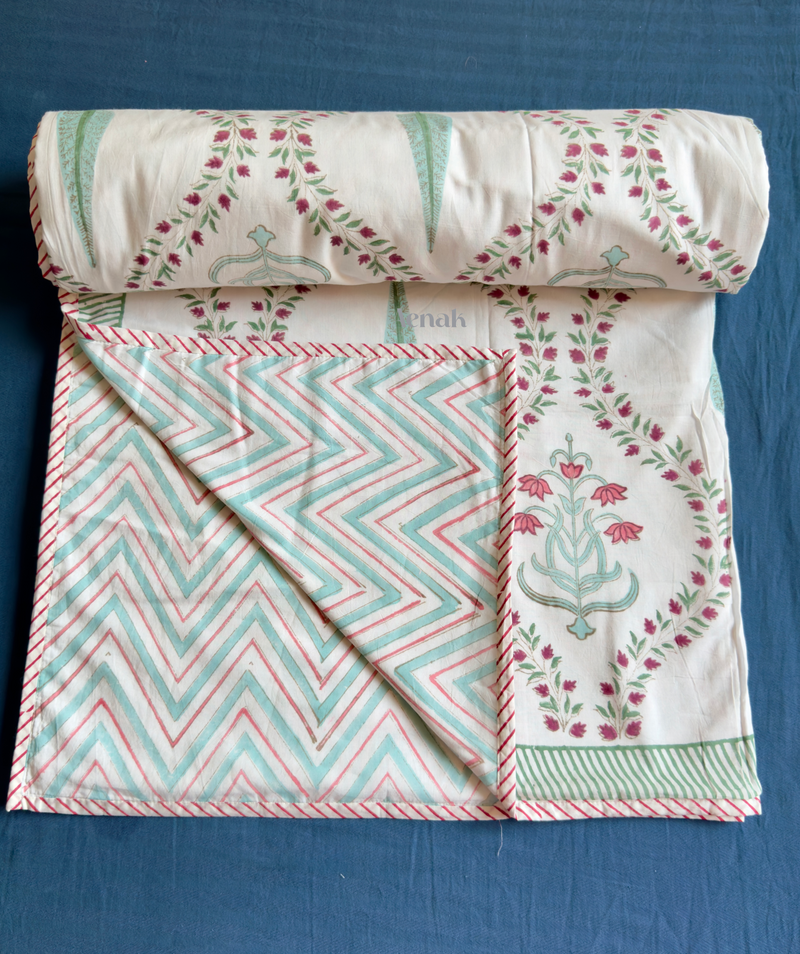 aenak-teal-green-cypress-handblock-bedsheet-dohar-combo-set