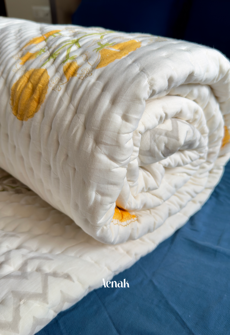 aenak-yellow-marigold-handblock-bedsheet-quilt-combo-set