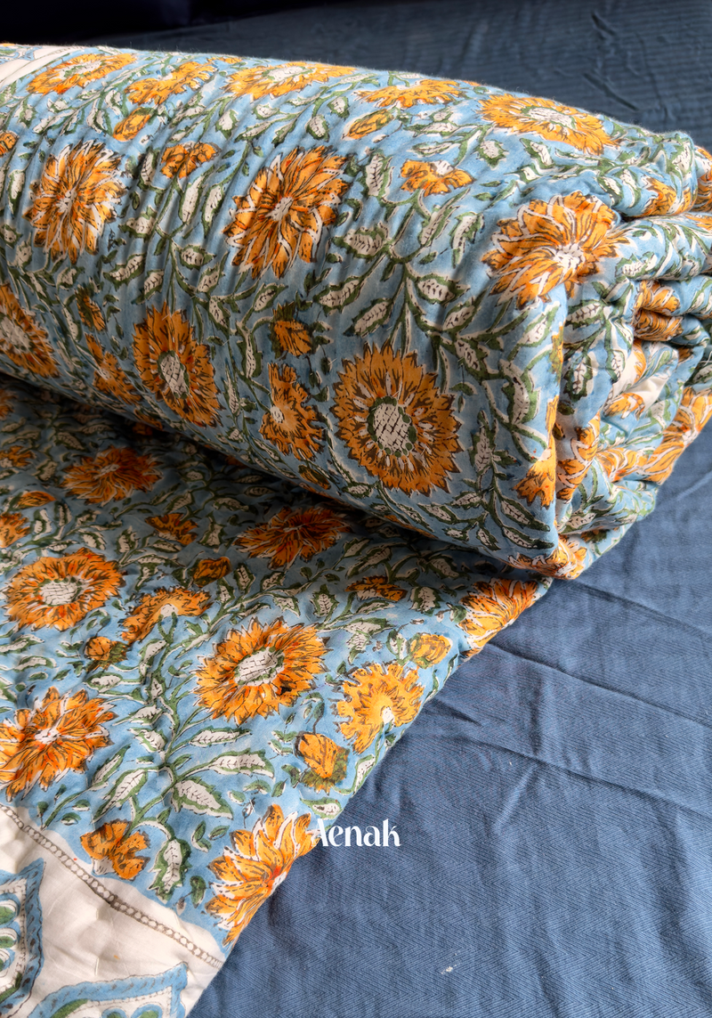 aenak-blue-yellow-floral-garden-handblock-printed-reversible-mulmul-cotton-quilt