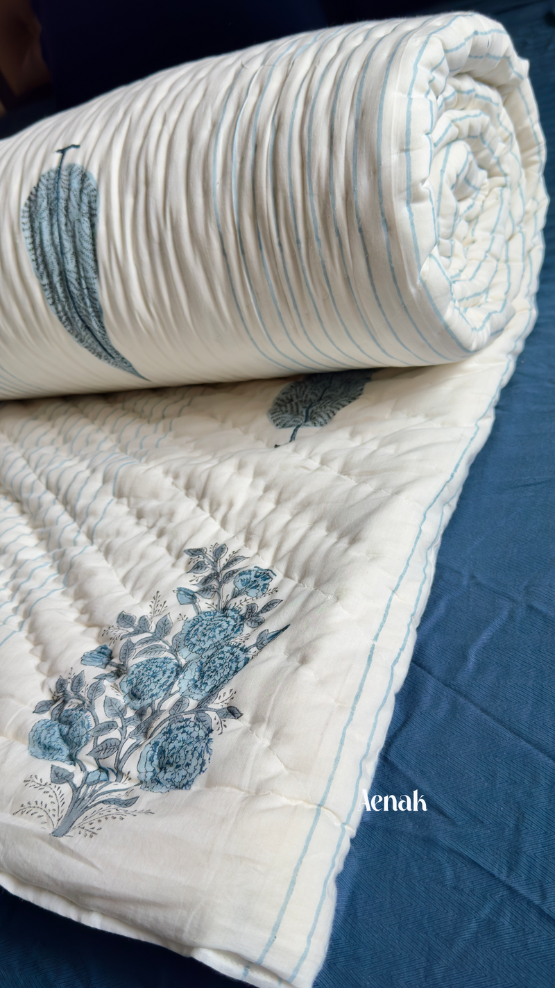 aenak-blue-phool-boota-handblock-bedsheet-quilt-combo-set