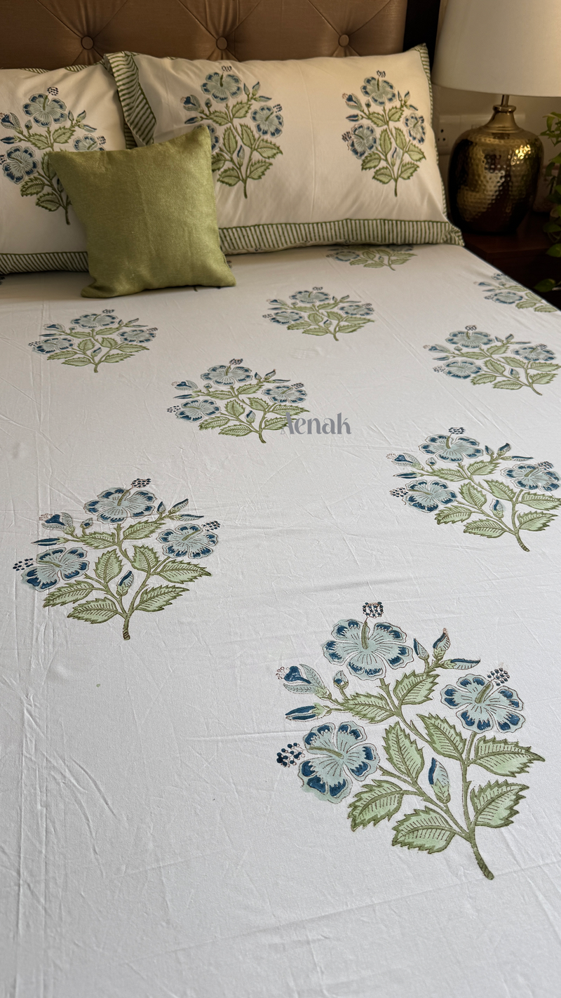 aenak-blue-hibiscus-handblock-premium-cotton-fitted-bedsheet-set