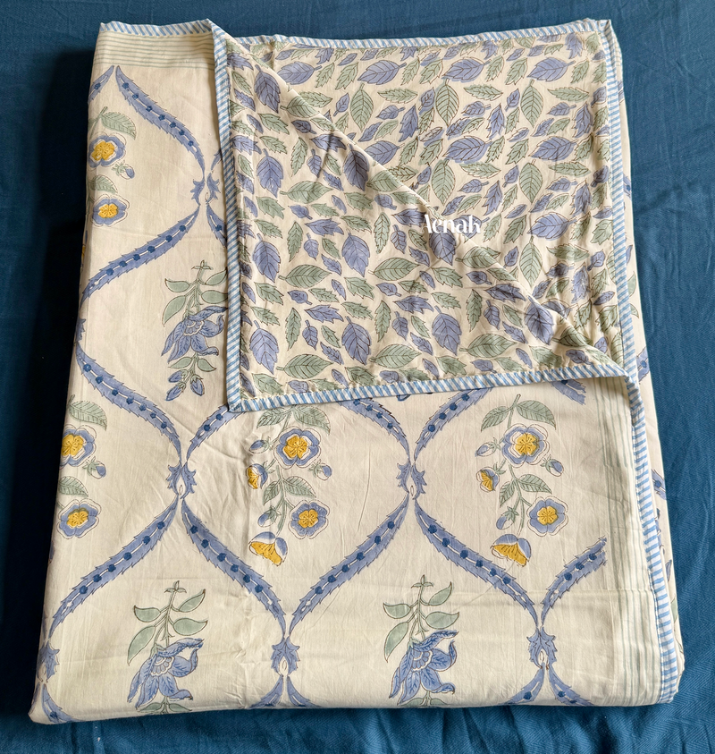 aenak-blue-periwinkle-jaal-handblock-bedsheet-dohar-combo-set-beige-base