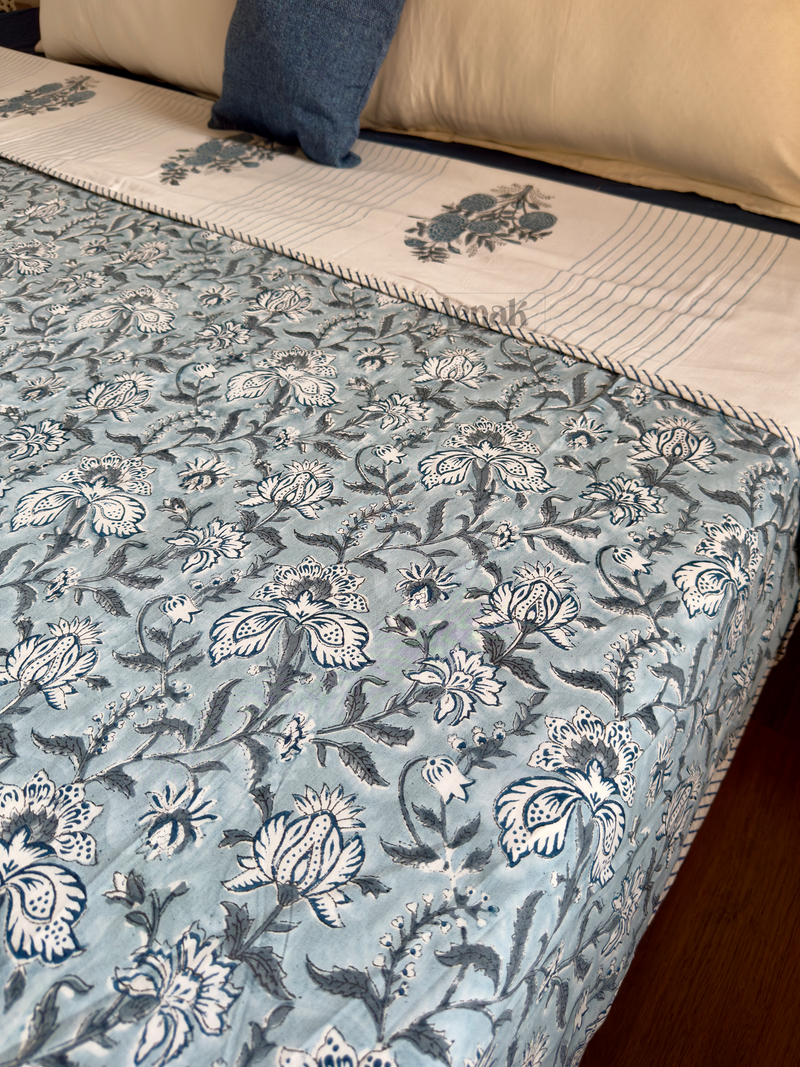 aenak-blue-phool-boota-handblock-bedsheet-dohar-combo-set