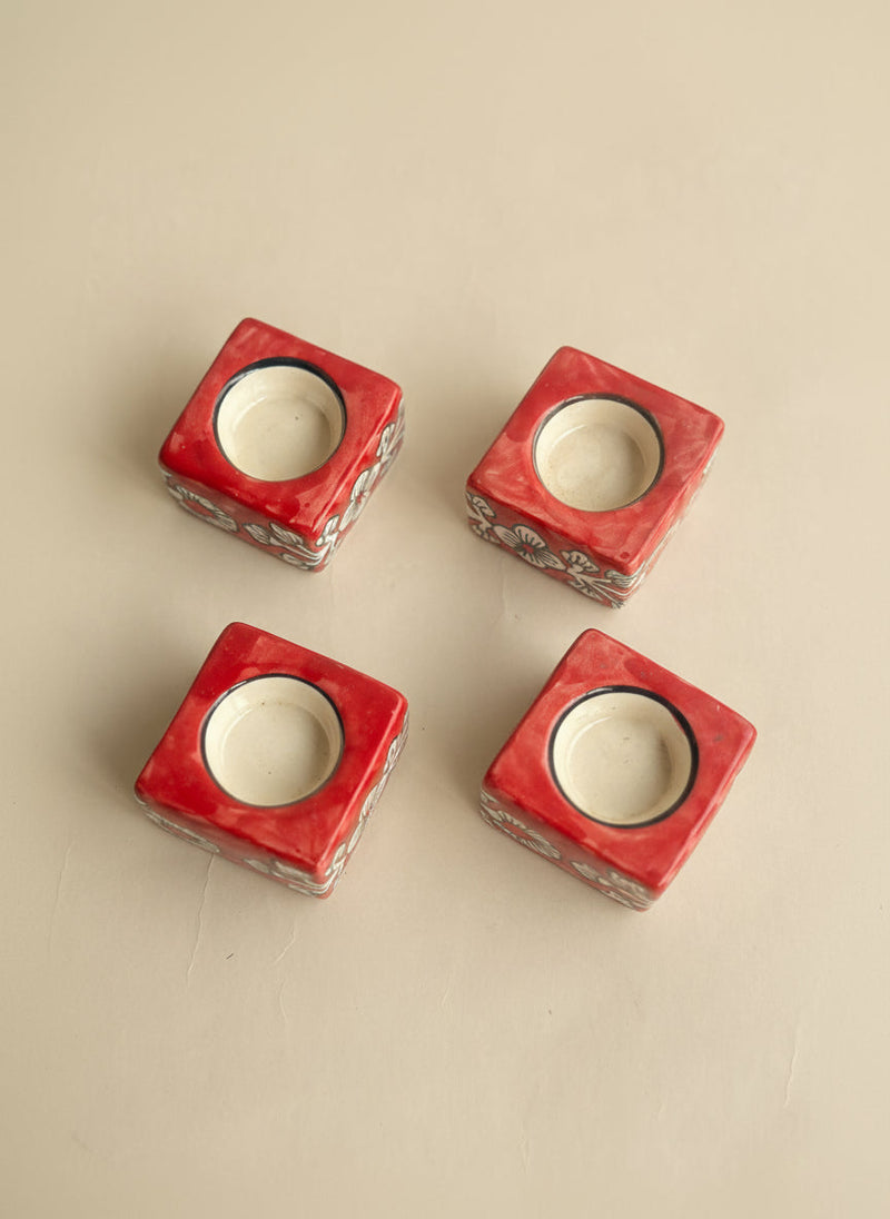 Nurture India Square Ceramic Diya Red 4-Piece Set