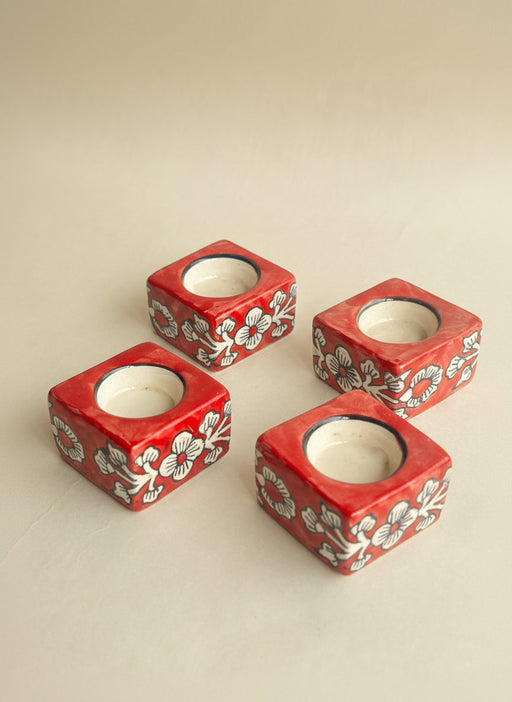 Nurture India Square Ceramic Diya Red 4-Piece Set