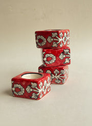 Nurture India Square Ceramic Diya Red 4-Piece Set