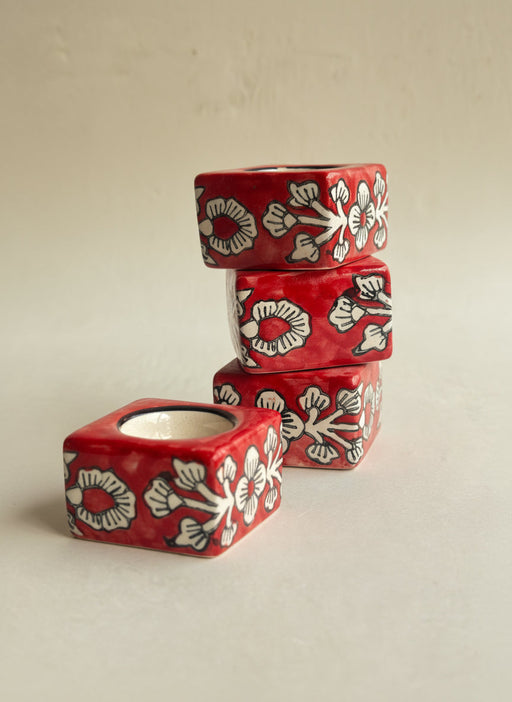 Nurture India Square Ceramic Diya Red 4-Piece Set