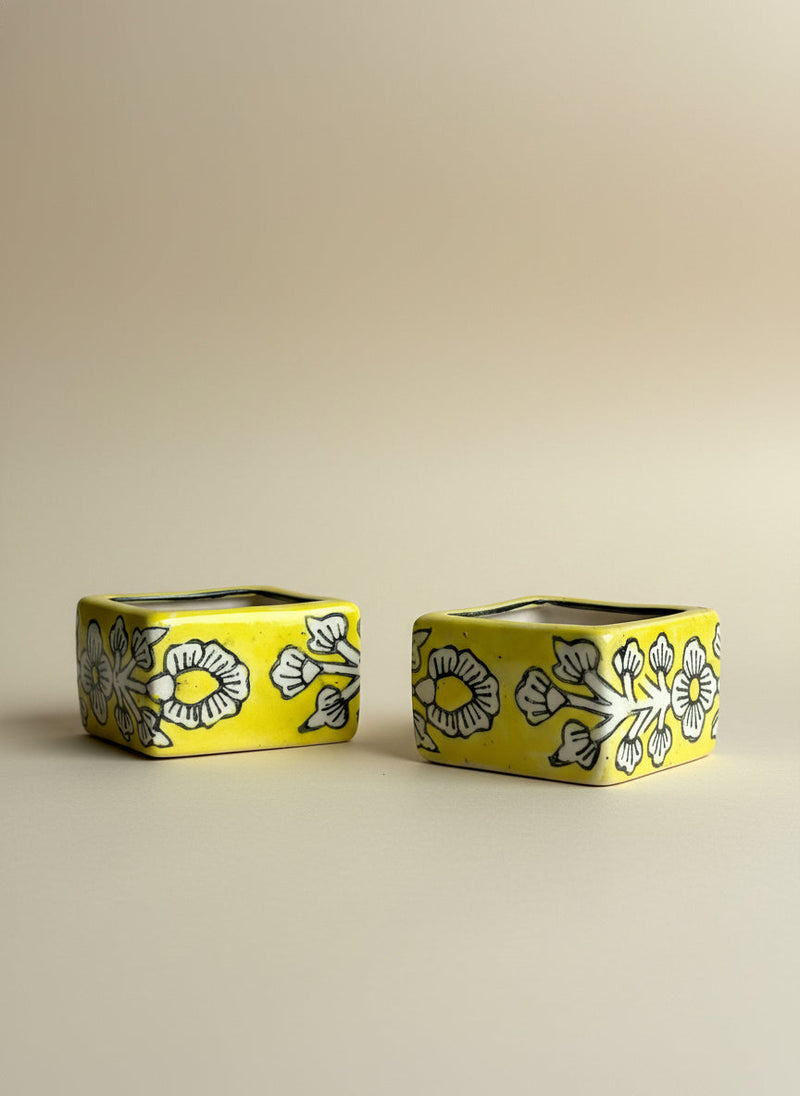 Nurture India Square Ceramic Diya Light Yellow 4-Piece Set