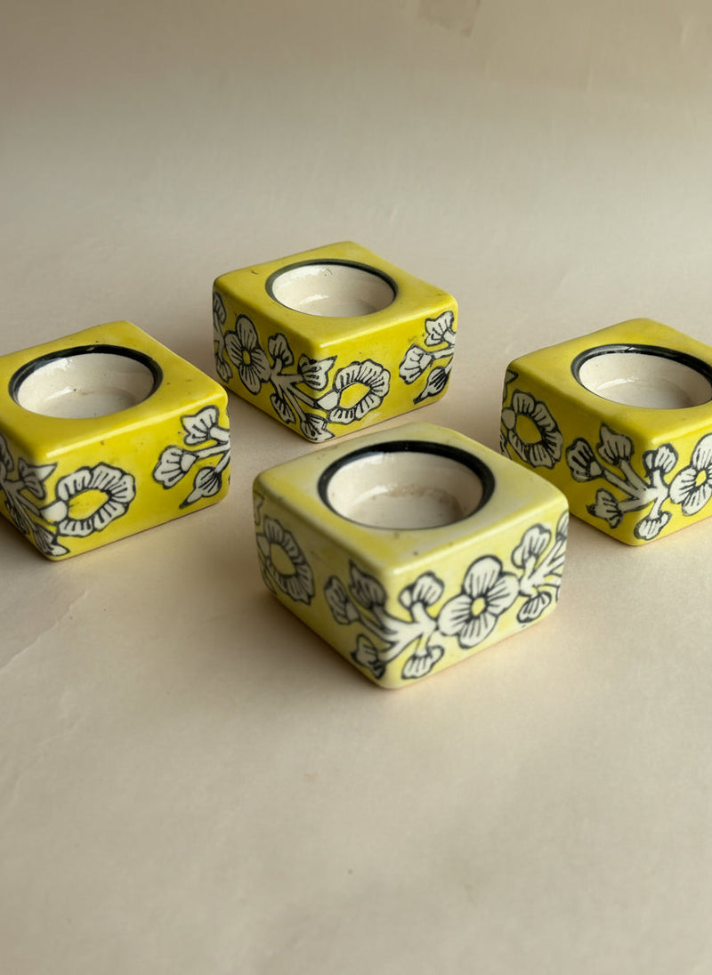 Nurture India Square Ceramic Diya Light Yellow 4-Piece Set