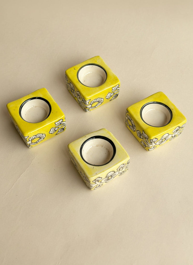 Nurture India Square Ceramic Diya Light Yellow 4-Piece Set