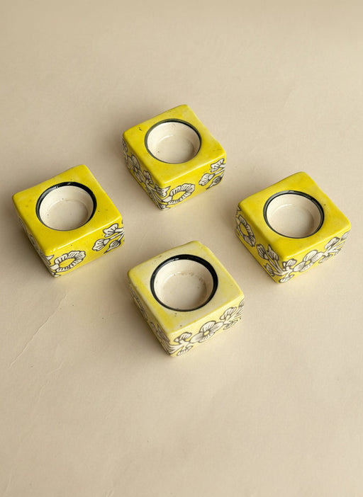 Nurture India Square Ceramic Diya Light Yellow 4-Piece Set
