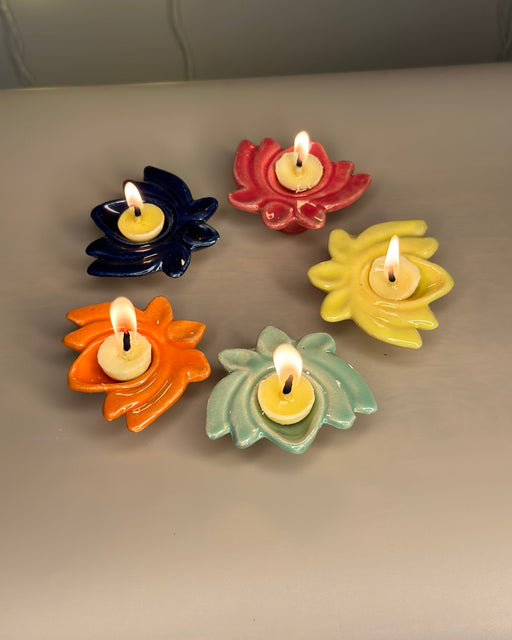 Nurture India Lotus Ceramic Diya s Small 5-Piece Set