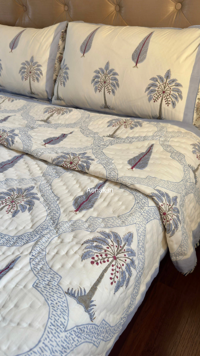 aenak-blue-palm-jaal-handblock-bedsheet-quilt-combo-set