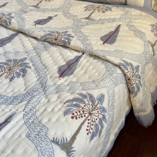 aenak-blue-palm-jaal-handblock-bedsheet-quilt-combo-set