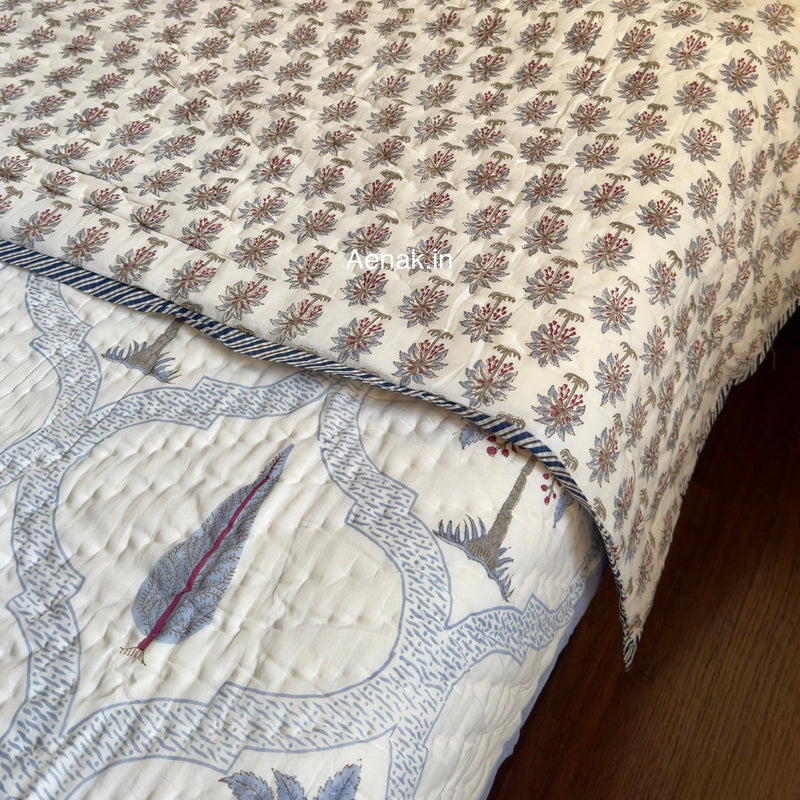 aenak-blue-palm-jaal-handblock-bedsheet-quilt-combo-set